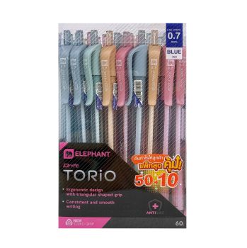 ปากกาตราช้างดริฟท์ โทริโอะ 0.7มม. สีน้ำเงินคละสี (50 ฟรี 10ด้าม/กระบอก)